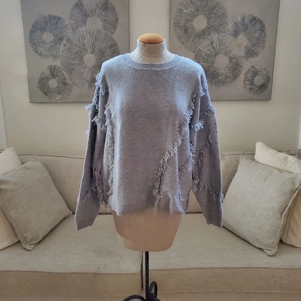 ✨ 1.STATE ✨ Fringe Detail Sweater - [Large, Grey]